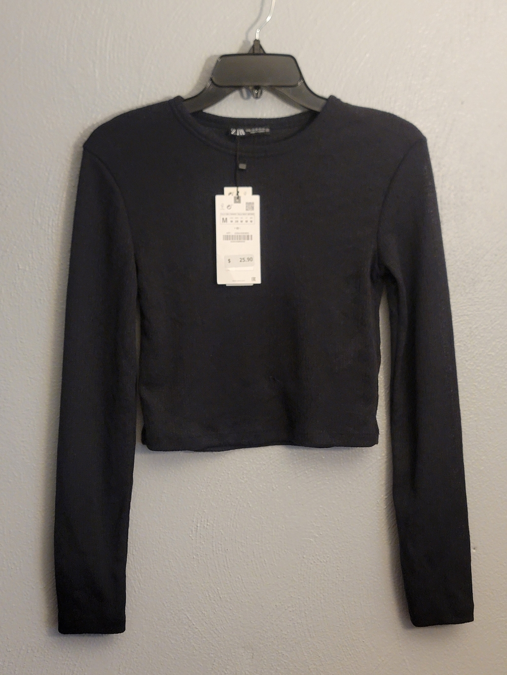 Zara Black Long-Sleeve Cropped Crewneck Top